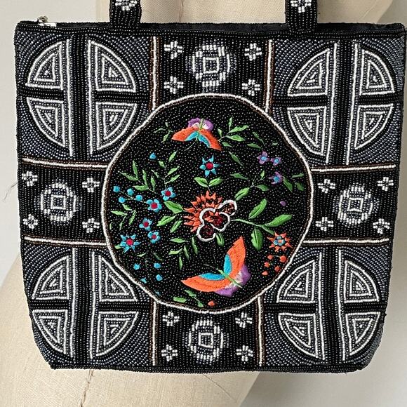 Beaded Embroidered Bird Butterfly Bag Black Shoulder Tote Bag - Picture 1 of 9